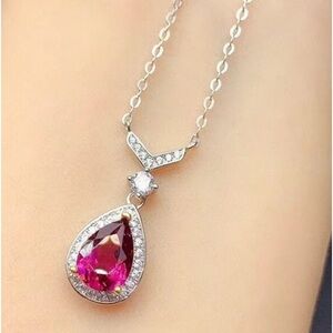 New Beautiful 925 Silver White Sapphire Ruby Teardrop Necklace